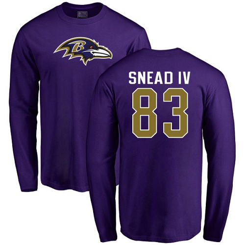 Men Baltimore Ravens Purple Willie Snead IV Name and Number Logo NFL Football #83 Long Sleeve T Shirt